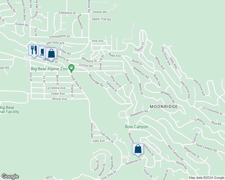 map of restaurants, bars, coffee shops, grocery stores, and more near 816 Tehama Drive in Big Bear Lake
