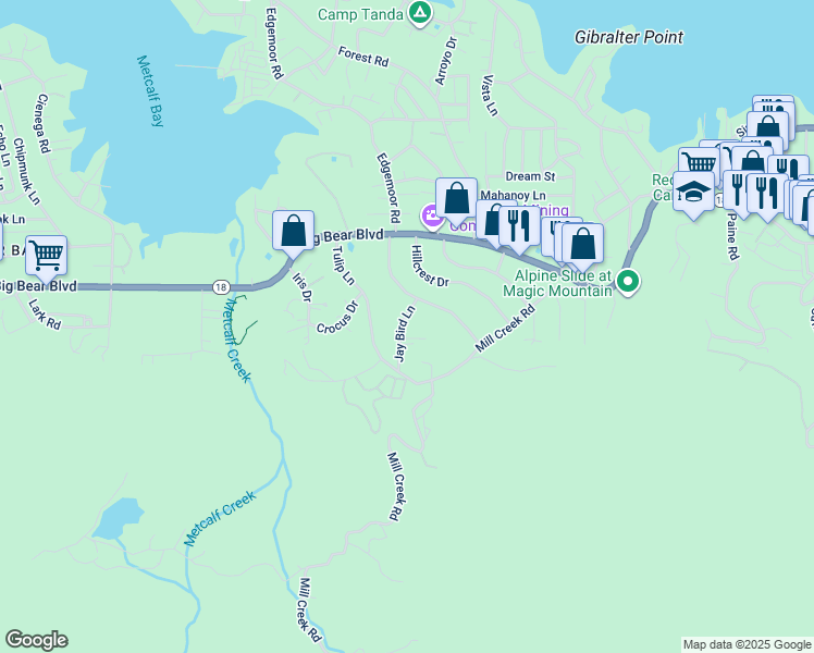 map of restaurants, bars, coffee shops, grocery stores, and more near 851 Jay Bird Lane in Big Bear Lake