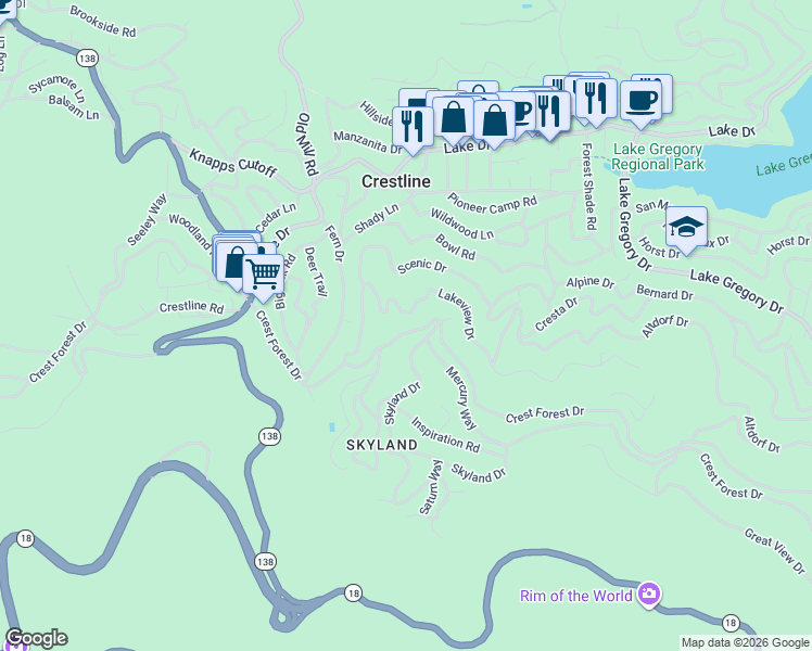 map of restaurants, bars, coffee shops, grocery stores, and more near 23748 Crest Forest Drive in Crestline