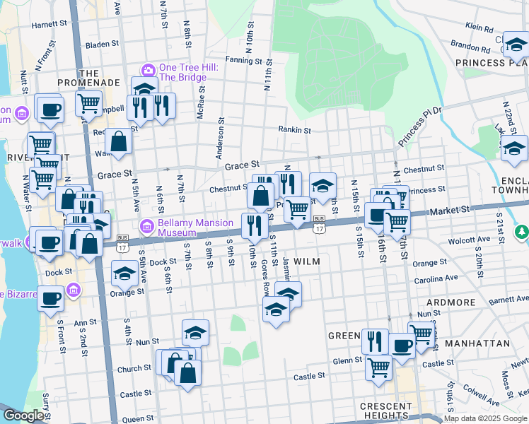 map of restaurants, bars, coffee shops, grocery stores, and more near 1019 Princess Street in Wilmington