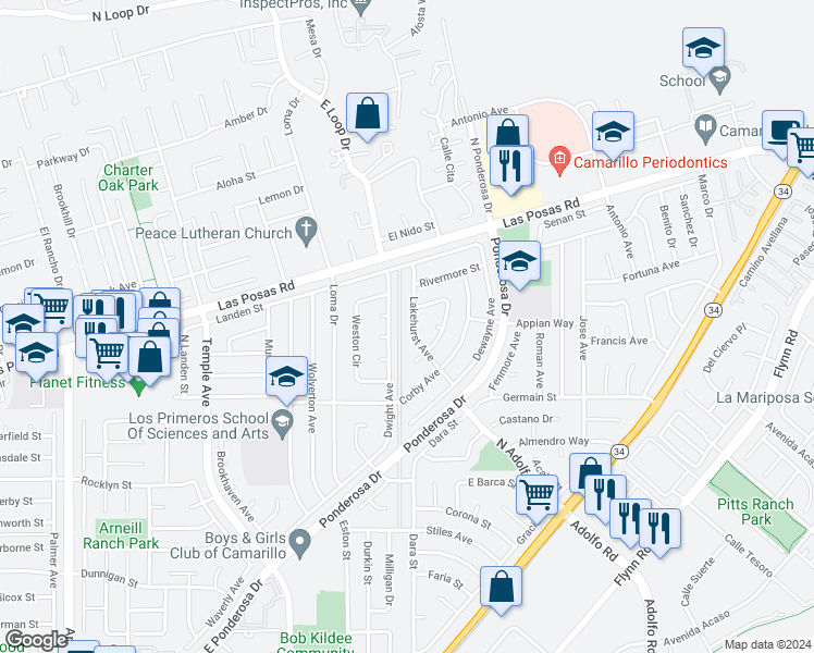 map of restaurants, bars, coffee shops, grocery stores, and more near 1909 Lakehurst Avenue in Camarillo