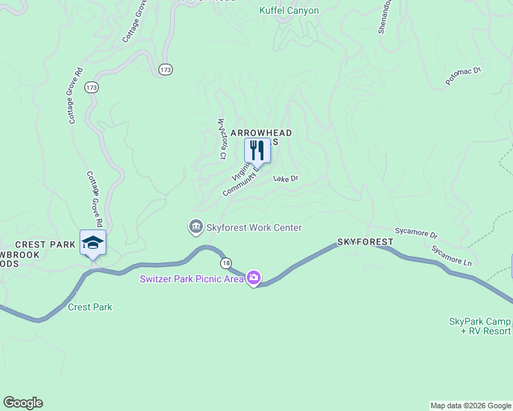 map of restaurants, bars, coffee shops, grocery stores, and more near 865 Oakmont Lane in Lake Arrowhead