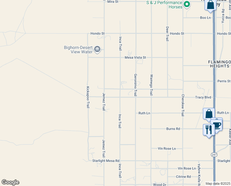 map of restaurants, bars, coffee shops, grocery stores, and more near 880 Inca Trail in Yucca Valley
