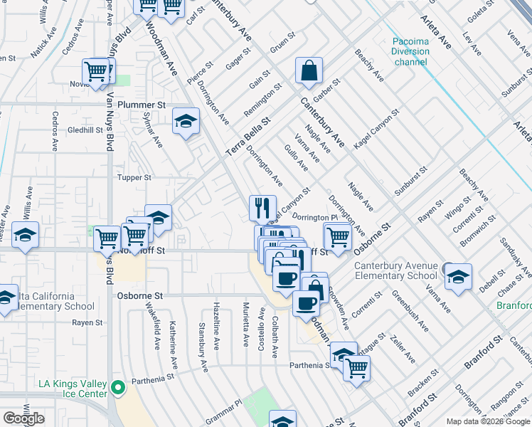 map of restaurants, bars, coffee shops, grocery stores, and more near 9299 Dorrington Place in Los Angeles
