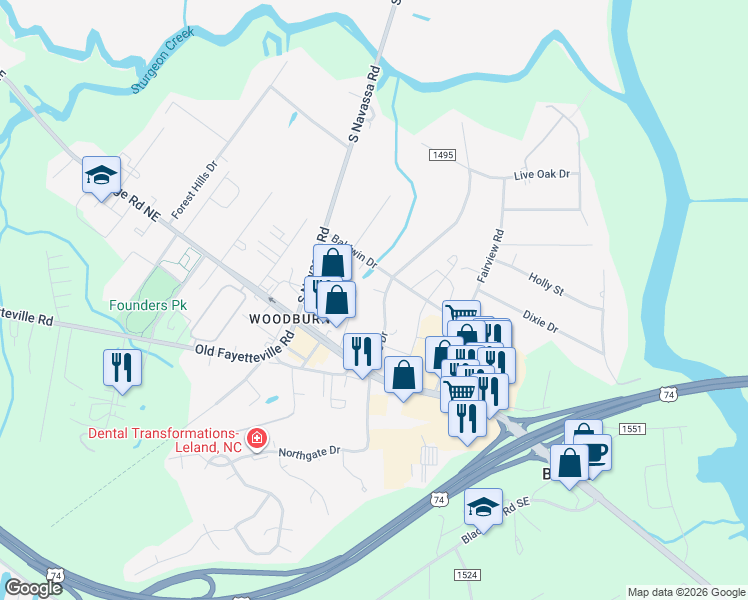 map of restaurants, bars, coffee shops, grocery stores, and more near 111 Willetts Lane in Leland