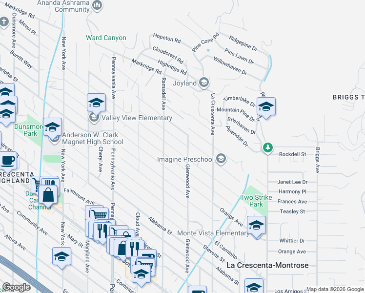 map of restaurants, bars, coffee shops, grocery stores, and more near 5133 Glenwood Avenue in La Crescenta-Montrose