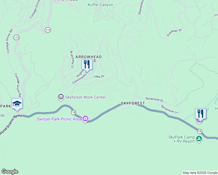 map of restaurants, bars, coffee shops, grocery stores, and more near 28443 Altamont Court in Lake Arrowhead