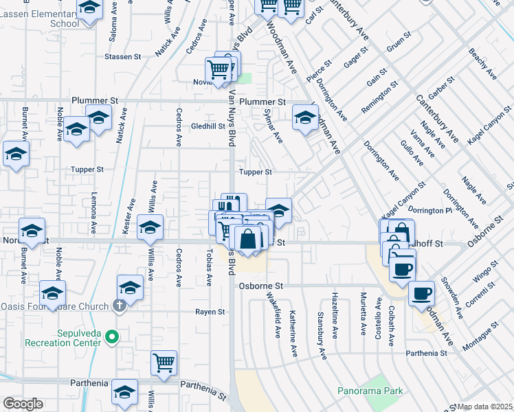 map of restaurants, bars, coffee shops, grocery stores, and more near 9201 Wakefield Avenue in Los Angeles