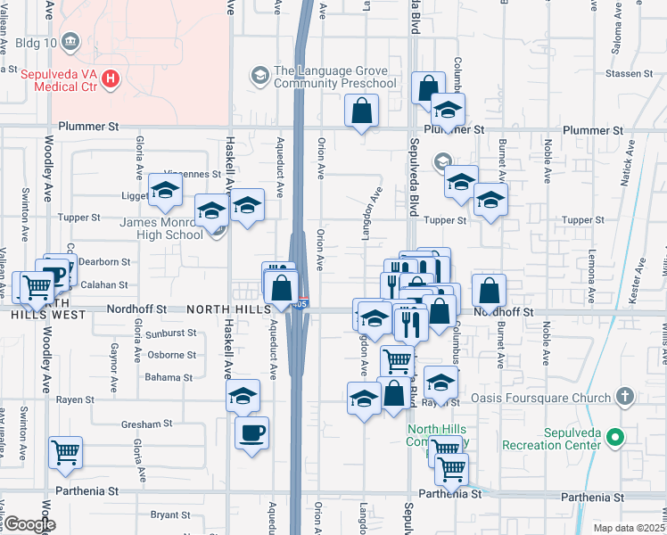 map of restaurants, bars, coffee shops, grocery stores, and more near 15543 Dearborn Street in Los Angeles