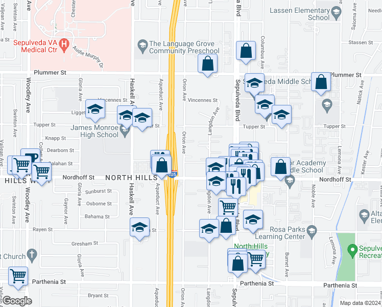 map of restaurants, bars, coffee shops, grocery stores, and more near 15543 Dearborn Street in Los Angeles