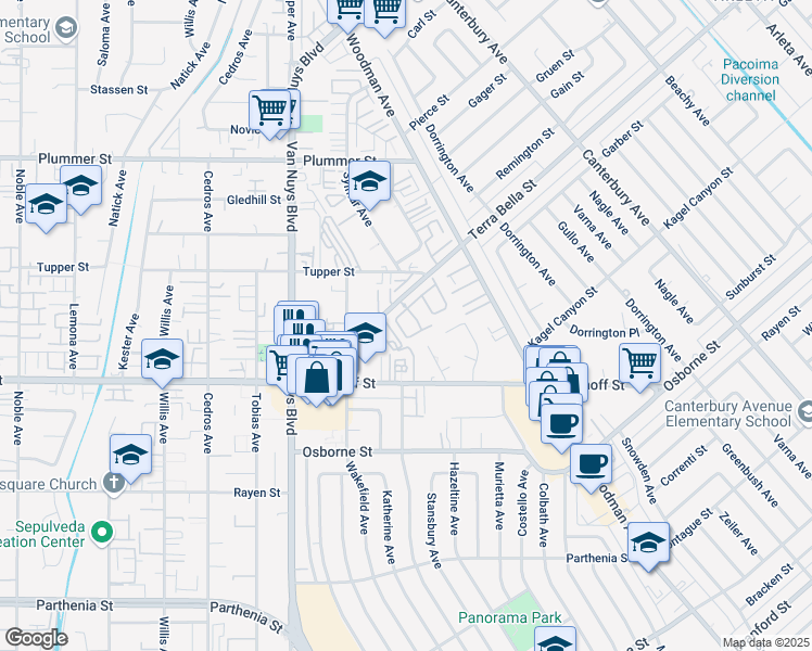 map of restaurants, bars, coffee shops, grocery stores, and more near 14300 Terra Bella Street in Los Angeles