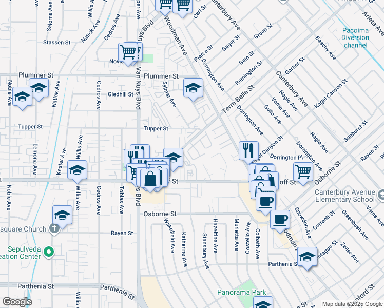 map of restaurants, bars, coffee shops, grocery stores, and more near 14300 Terra Bella Street in Los Angeles