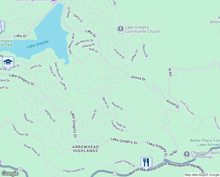 map of restaurants, bars, coffee shops, grocery stores, and more near Acacia Drive in Crestline