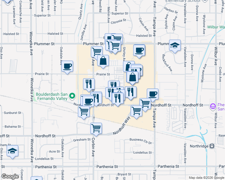 map of restaurants, bars, coffee shops, grocery stores, and more near 19512 Cardigan Drive in Los Angeles