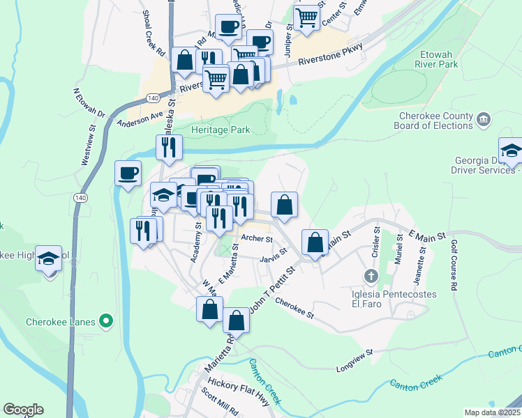 map of restaurants, bars, coffee shops, grocery stores, and more near 50 North Street in Canton
