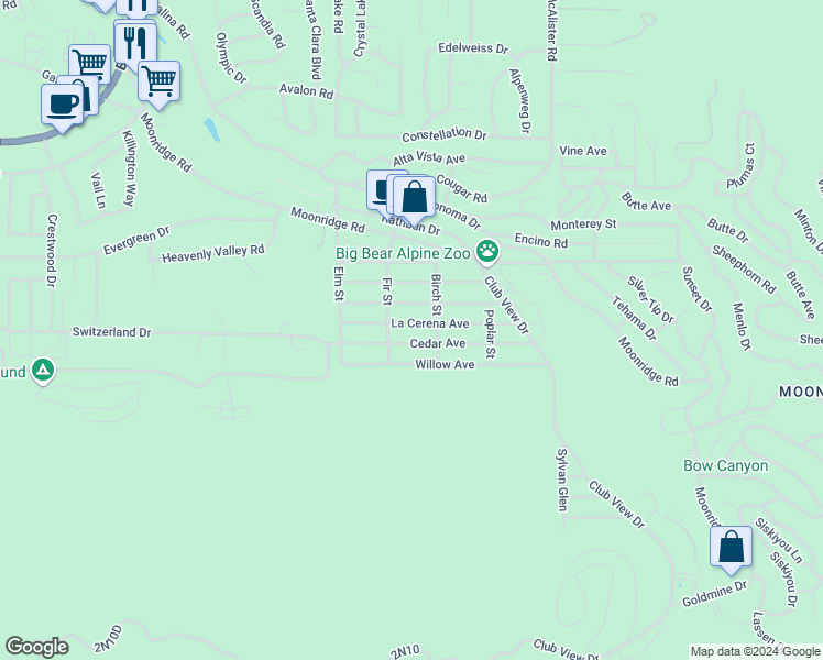 map of restaurants, bars, coffee shops, grocery stores, and more near 42645 La Cerena Avenue in Big Bear Lake