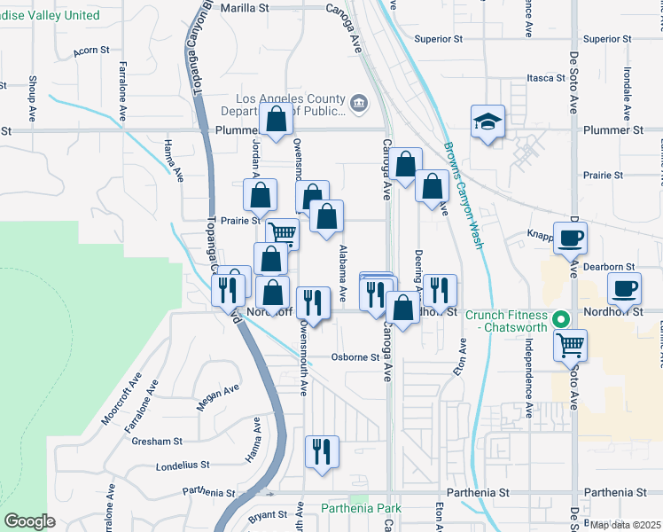 map of restaurants, bars, coffee shops, grocery stores, and more near 21541 Nordhoff St in Los Angeles