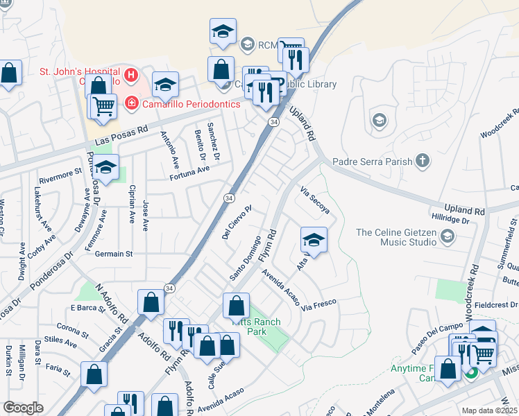 map of restaurants, bars, coffee shops, grocery stores, and more near 1989 Del Ciervo Place in Camarillo