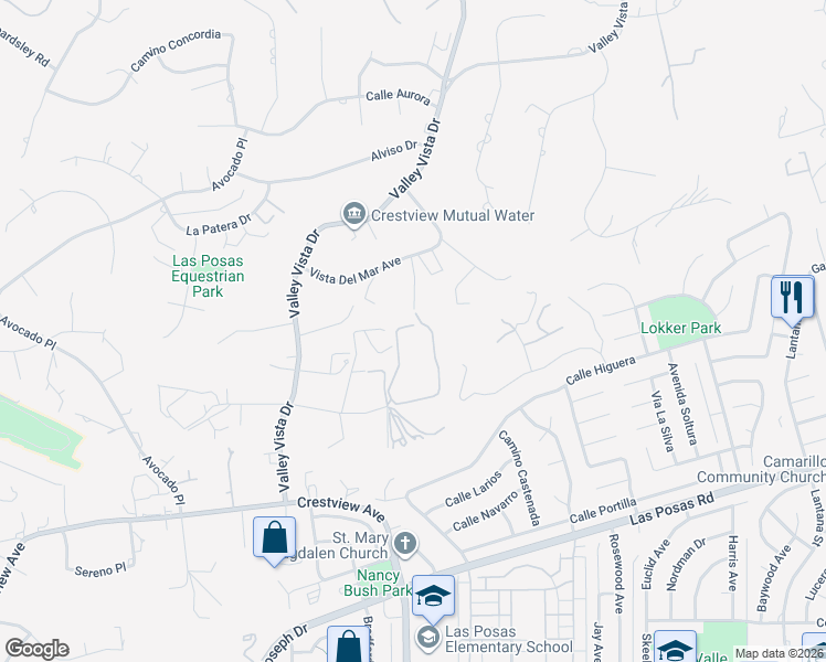 map of restaurants, bars, coffee shops, grocery stores, and more near 25 Encino Avenue in Camarillo