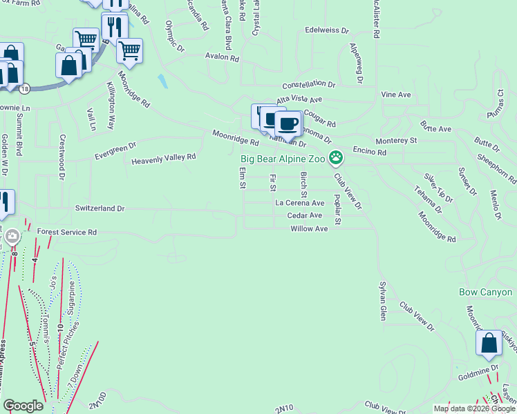 map of restaurants, bars, coffee shops, grocery stores, and more near 42546 La Cerena Avenue in Big Bear Lake