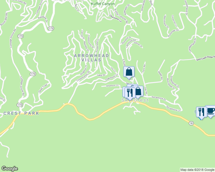 map of restaurants, bars, coffee shops, grocery stores, and more near 28413 Altamont Court in Lake Arrowhead