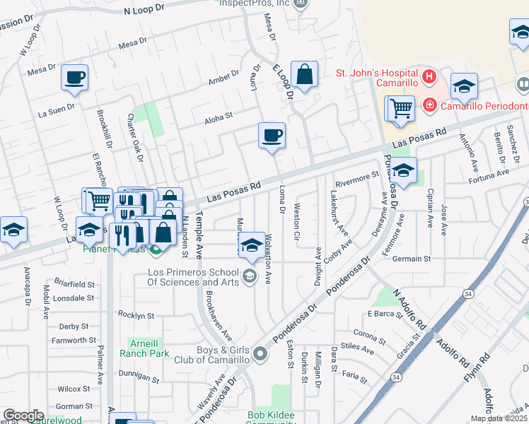 map of restaurants, bars, coffee shops, grocery stores, and more near 1931 Wolverton Avenue in Camarillo