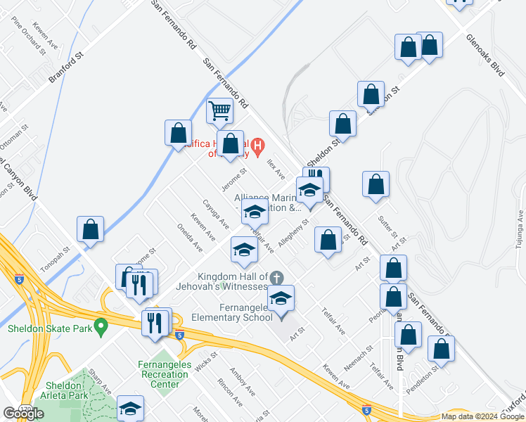 map of restaurants, bars, coffee shops, grocery stores, and more near 12095 Sheldon Street in Los Angeles
