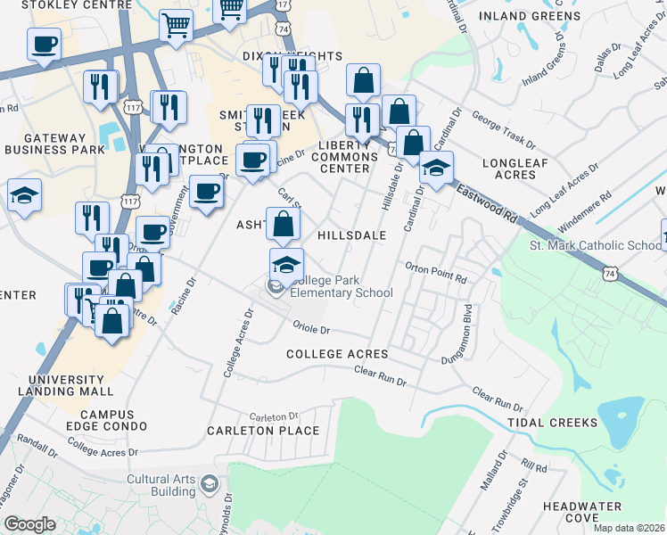 map of restaurants, bars, coffee shops, grocery stores, and more near 215 Charter Drive in Wilmington