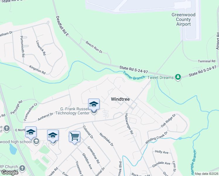 map of restaurants, bars, coffee shops, grocery stores, and more near 102 Windtree Court in Greenwood