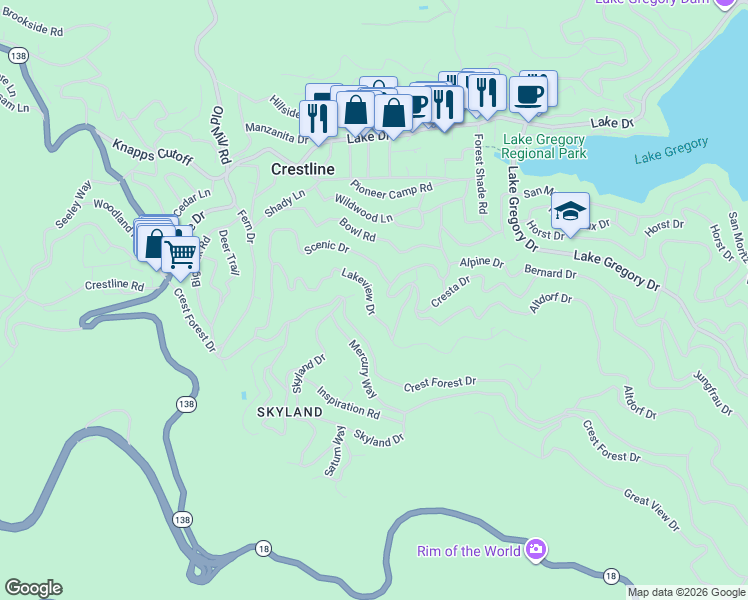 map of restaurants, bars, coffee shops, grocery stores, and more near 23905 Scenic Drive in Crestline