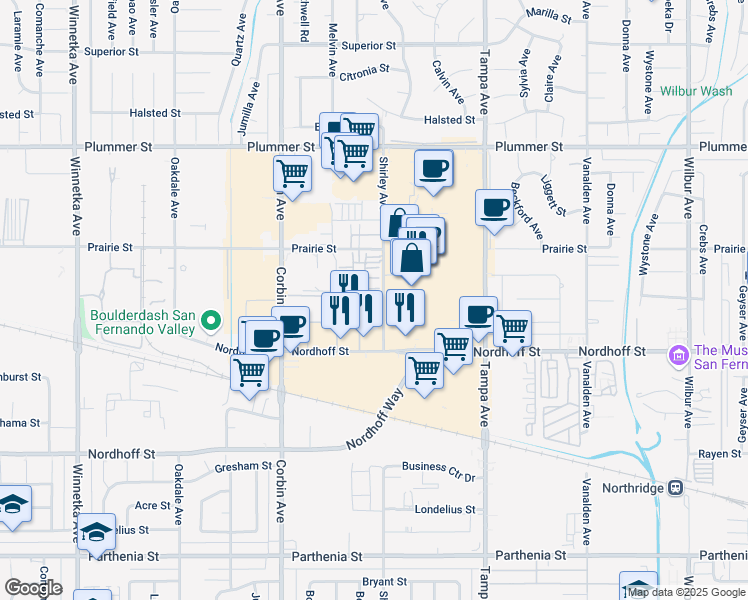 map of restaurants, bars, coffee shops, grocery stores, and more near 19505 Astor Place in Los Angeles