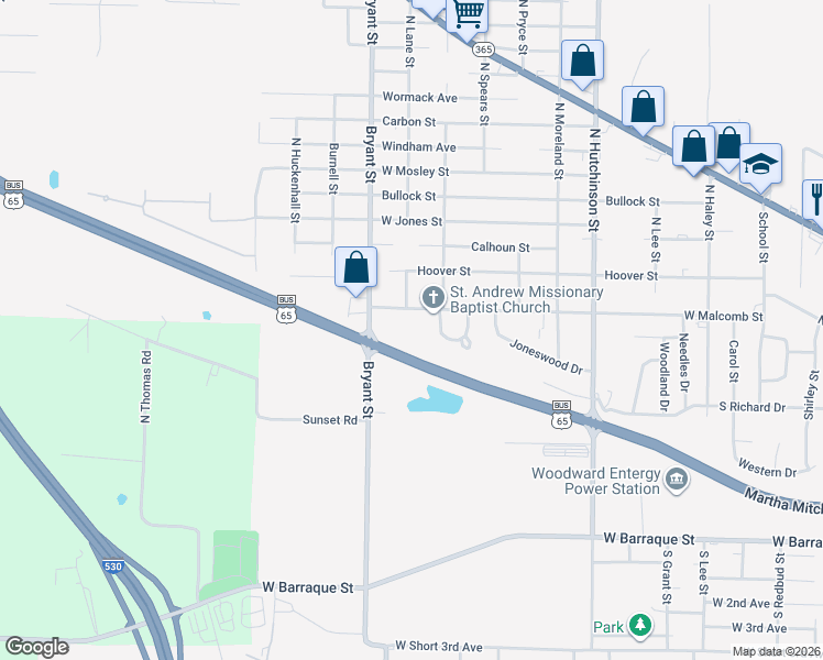 map of restaurants, bars, coffee shops, grocery stores, and more near 5910 Malcomb Street in Pine Bluff