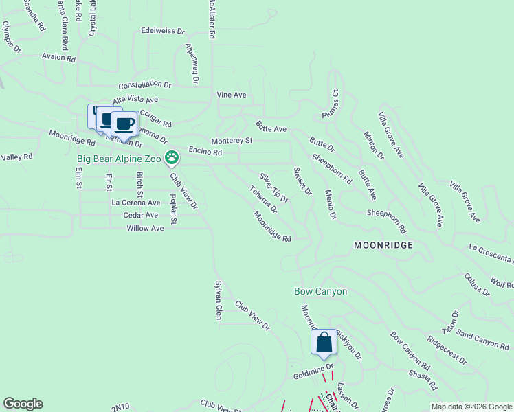map of restaurants, bars, coffee shops, grocery stores, and more near 43028 Moonridge Road in Big Bear Lake