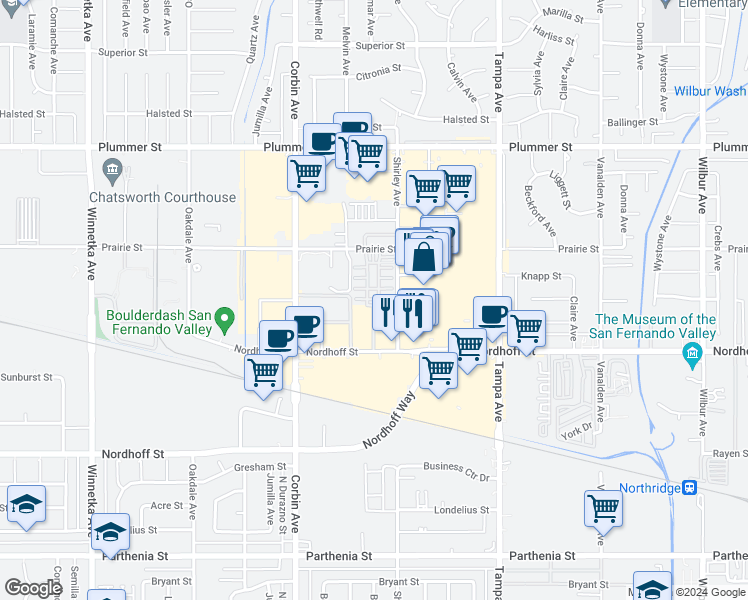 map of restaurants, bars, coffee shops, grocery stores, and more near 19526 Astor Place in Los Angeles