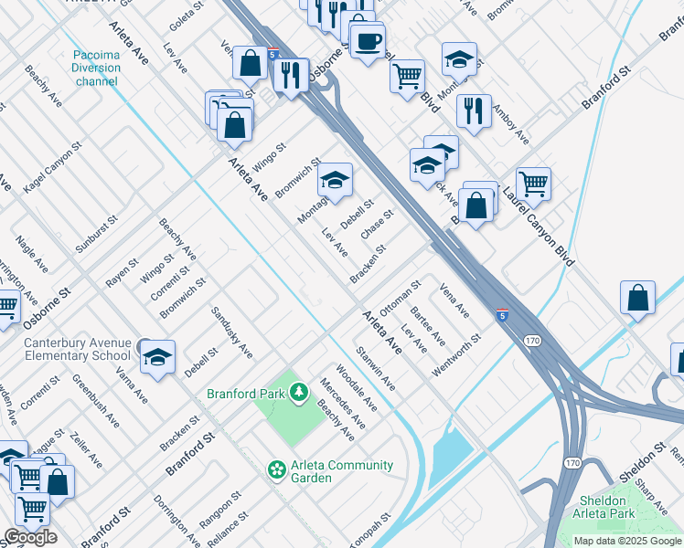 map of restaurants, bars, coffee shops, grocery stores, and more near 9200 Arleta Avenue in Los Angeles