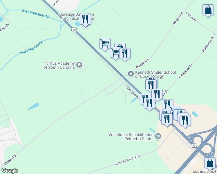map of restaurants, bars, coffee shops, grocery stores, and more near Pisgah Road in Florence