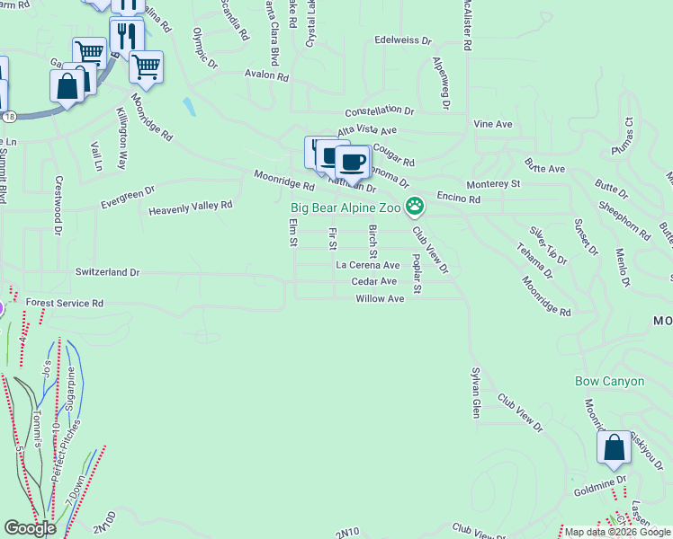 map of restaurants, bars, coffee shops, grocery stores, and more near 4261200 La Cerena Avenue in Big Bear Lake