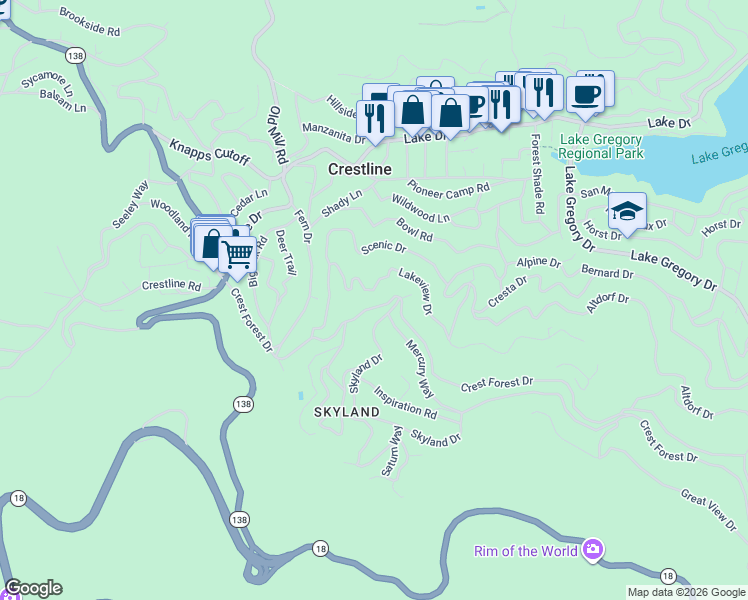 map of restaurants, bars, coffee shops, grocery stores, and more near 23748 Crest Forest Drive in Crestline