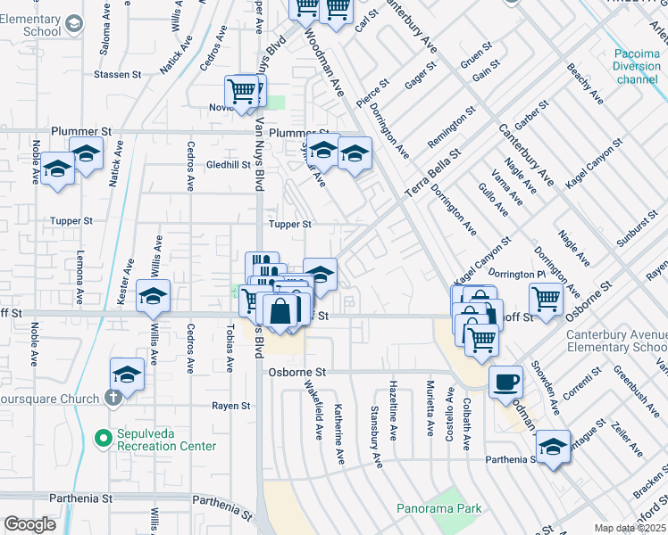 map of restaurants, bars, coffee shops, grocery stores, and more near 14418 1/2 Terra Bella Street in Los Angeles