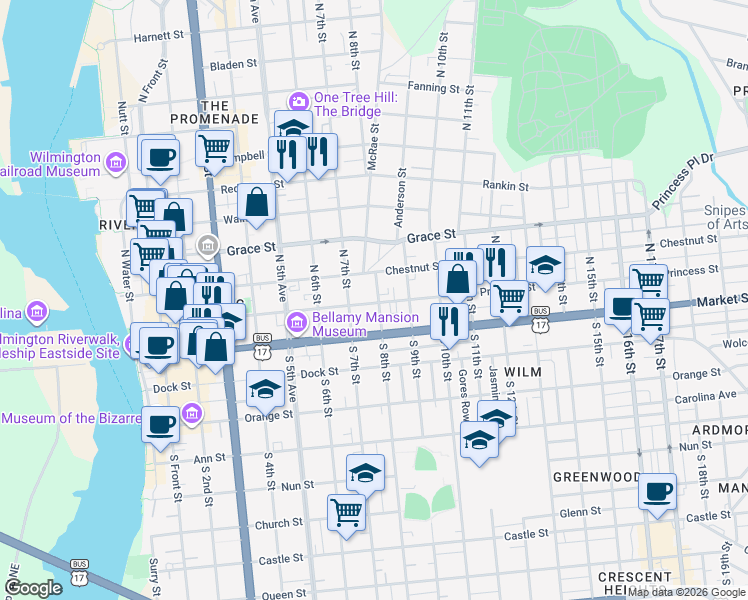 map of restaurants, bars, coffee shops, grocery stores, and more near 713 Princess Street in Wilmington