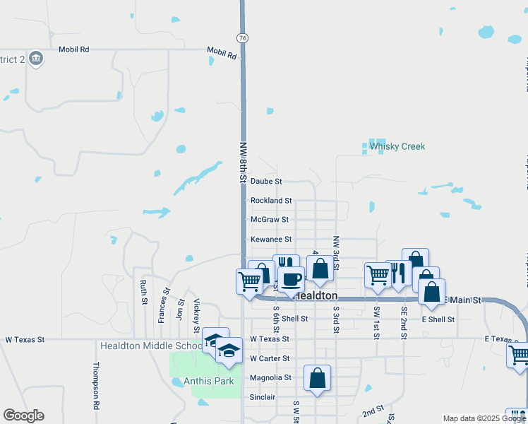 map of restaurants, bars, coffee shops, grocery stores, and more near 256 McGraw Street in Healdton