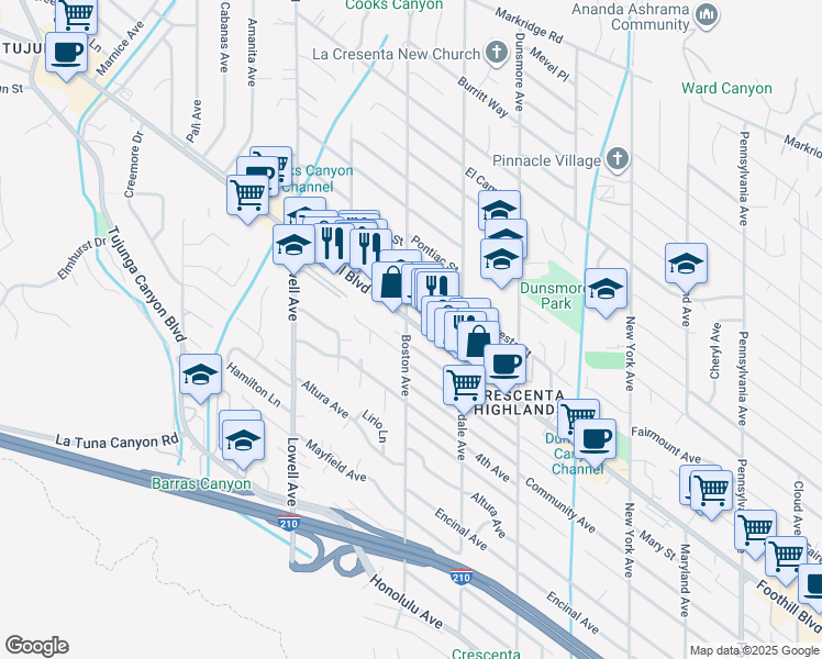 map of restaurants, bars, coffee shops, grocery stores, and more near 3750 Foothill Boulevard in Glendale
