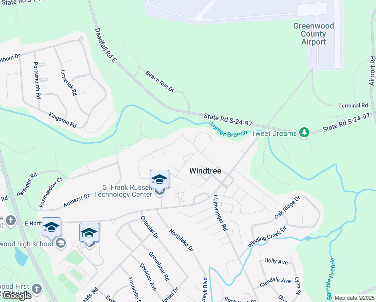 map of restaurants, bars, coffee shops, grocery stores, and more near 102 Windtree Court in Greenwood