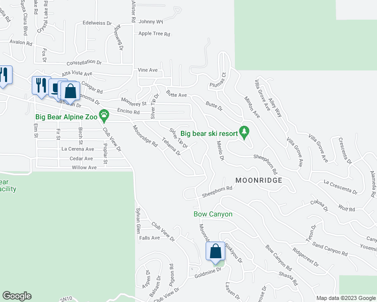 map of restaurants, bars, coffee shops, grocery stores, and more near 43121 Plymouth Road in Big Bear