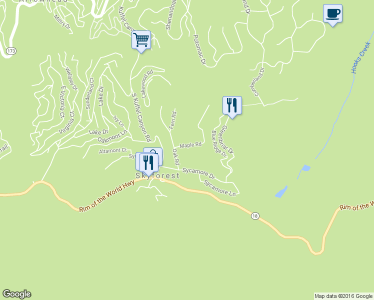 map of restaurants, bars, coffee shops, grocery stores, and more near 873 Maple Road in Skyforest