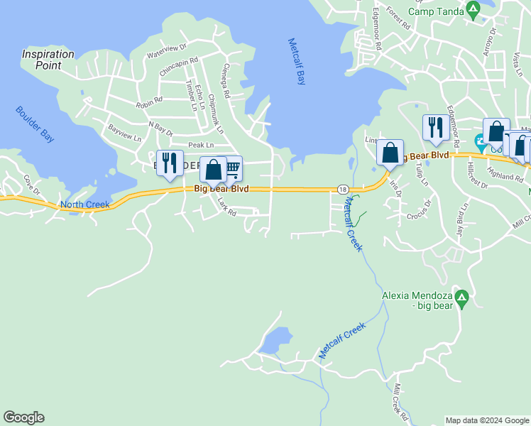 map of restaurants, bars, coffee shops, grocery stores, and more near 854 Cienega Road in Big Bear Lake