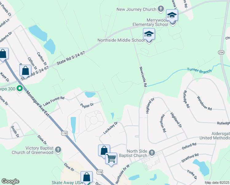 map of restaurants, bars, coffee shops, grocery stores, and more near 128 Kinkade Drive in Greenwood