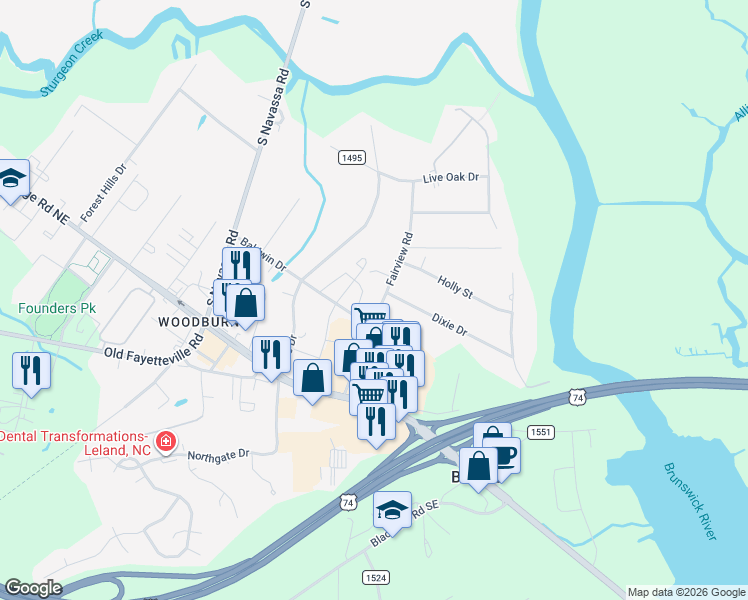 map of restaurants, bars, coffee shops, grocery stores, and more near 121 Fairview Road in Leland