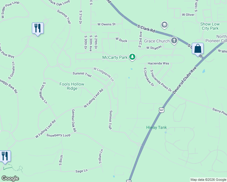 map of restaurants, bars, coffee shops, grocery stores, and more near 2490 Lodgepole Lane in Show Low