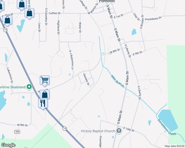 map of restaurants, bars, coffee shops, grocery stores, and more near 264 Roseanne Street in Pontotoc
